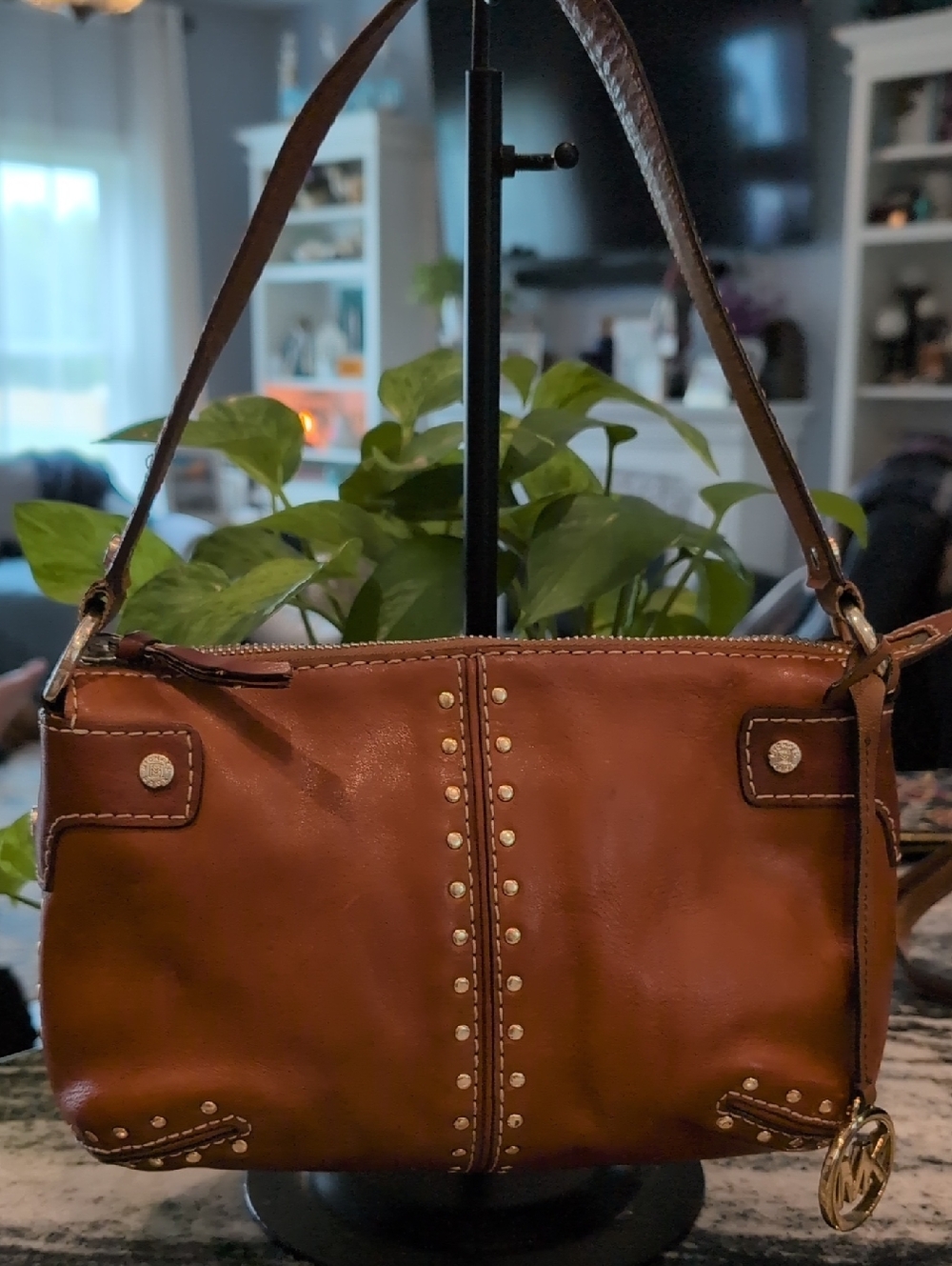 Michael Kors Astor Brown Studded Leather Shoulder Bag